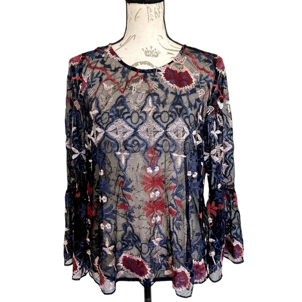 AQUA Sheer Embroidered Mesh Blouse Top L Floral Boho Whimsigoth Fairy Romantic